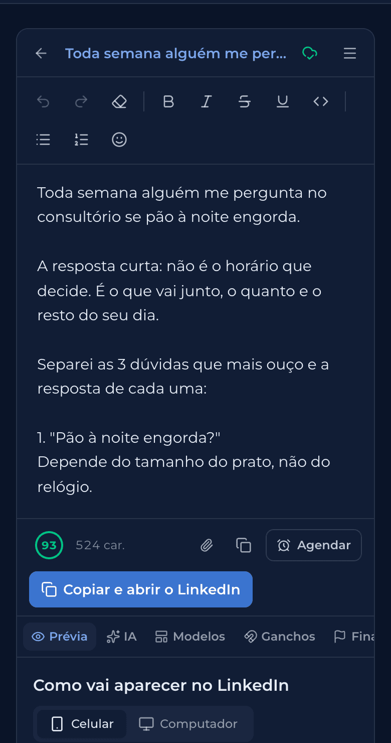 A ORCA aberta dentro do LinkedIn, com um post escrito pela IA e a prévia